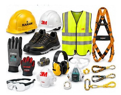 Industrial safety PPE including helmet, shoes, gloves, goggles and harness